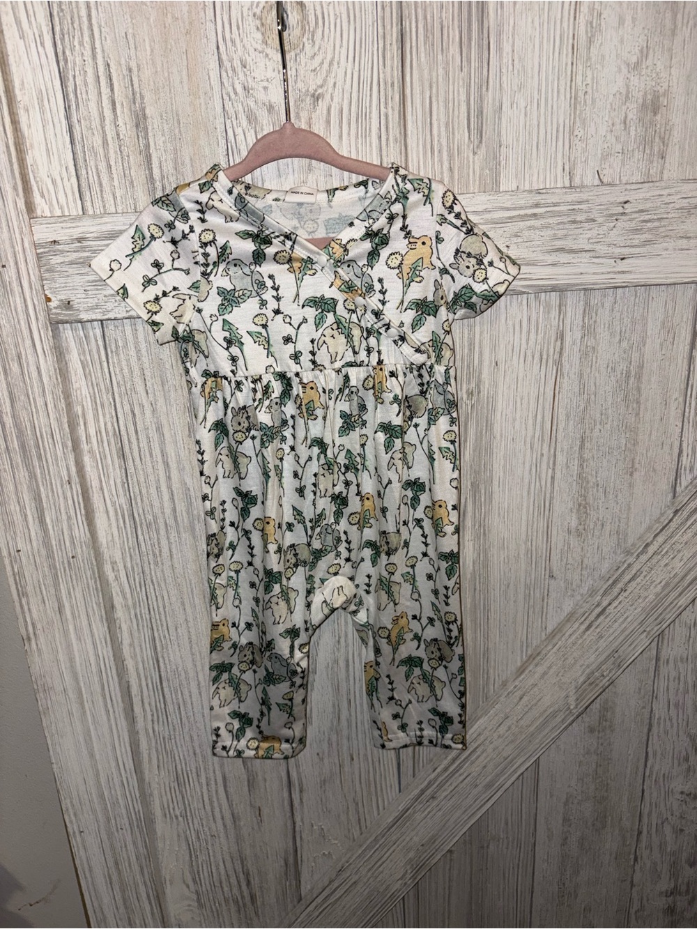 PatPat White Baby Romper with Green and Yellow Woodland Print - 6/9M